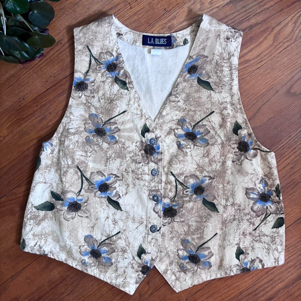 Vintage LA Blues Mens Floral Vest Beige Cotton Button Front Waistcoat Large 1X